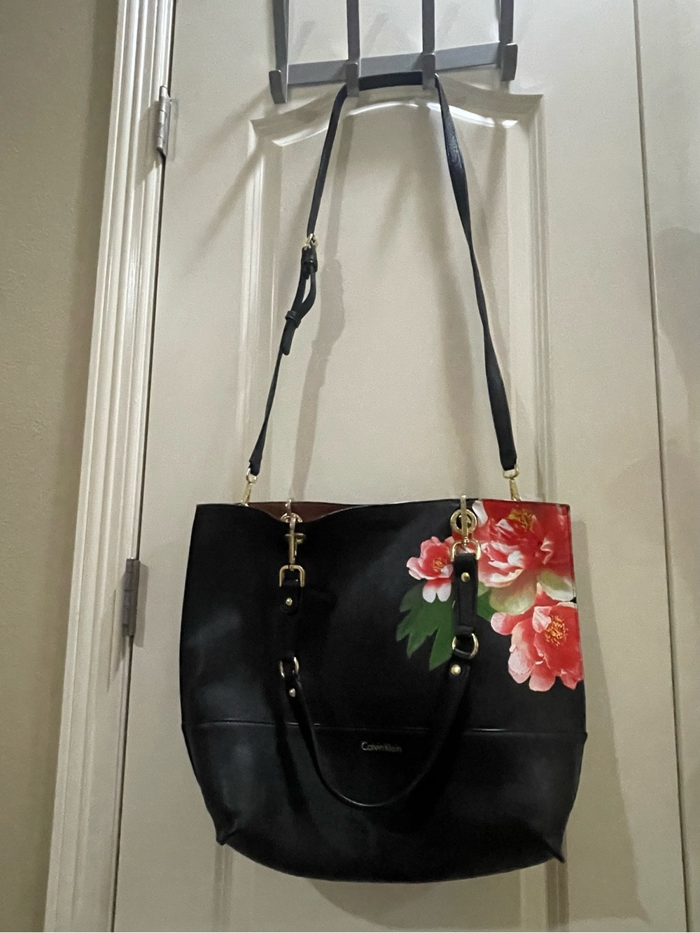 Calvin Klein Black Tote with Red Floral Design and Coordinating Wristlet